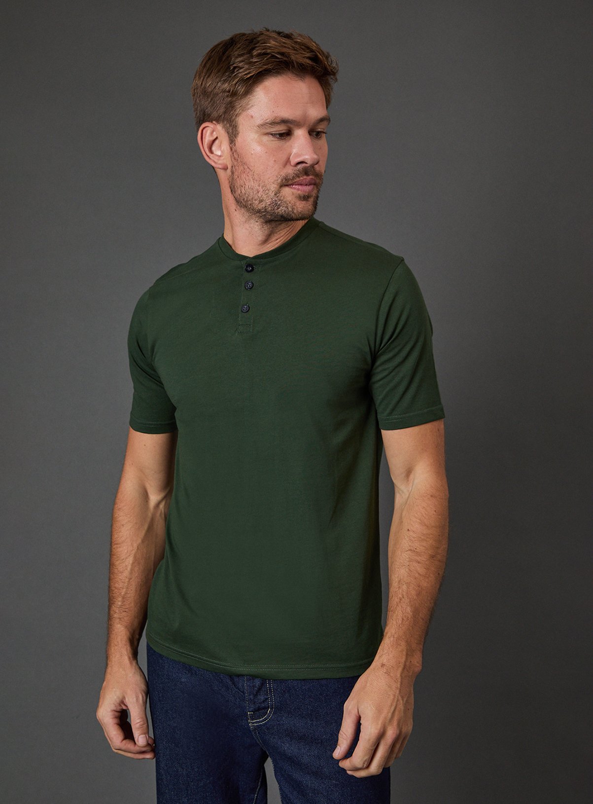 BURTON Dark Green Grandad Neck T-Shirt S - Image 1 thumbnail